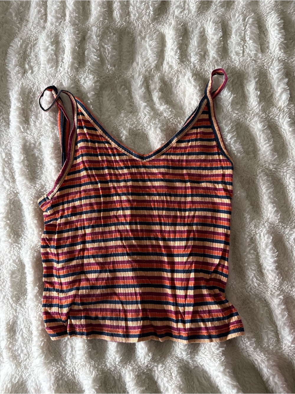 American Eagle Outfitters Striped V-Neck Ribbed Tank in Red, Navy, Cream, Pink